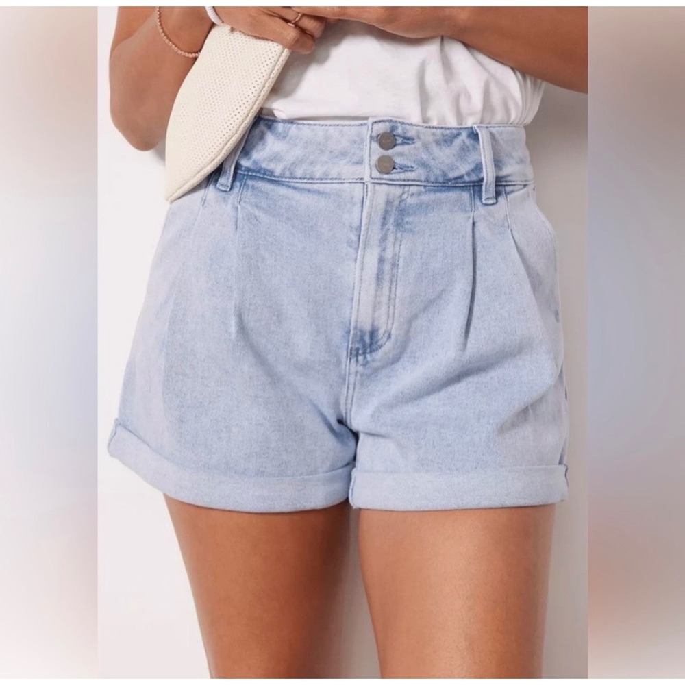 Paige Cotton Retro Boho High Rise Cuffed Denim Shorts Light Wash Blue 25